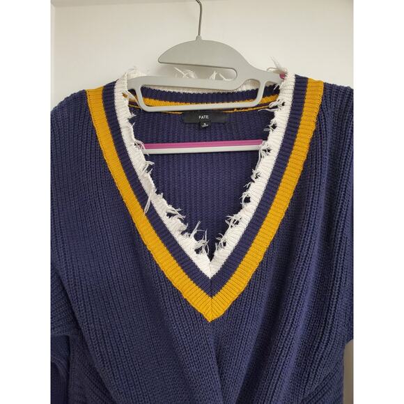 Women's Fate Navy V-Neck Knotted Cotton Sweater w/ Frayed Trim | Size Small - Picture 3 of 7